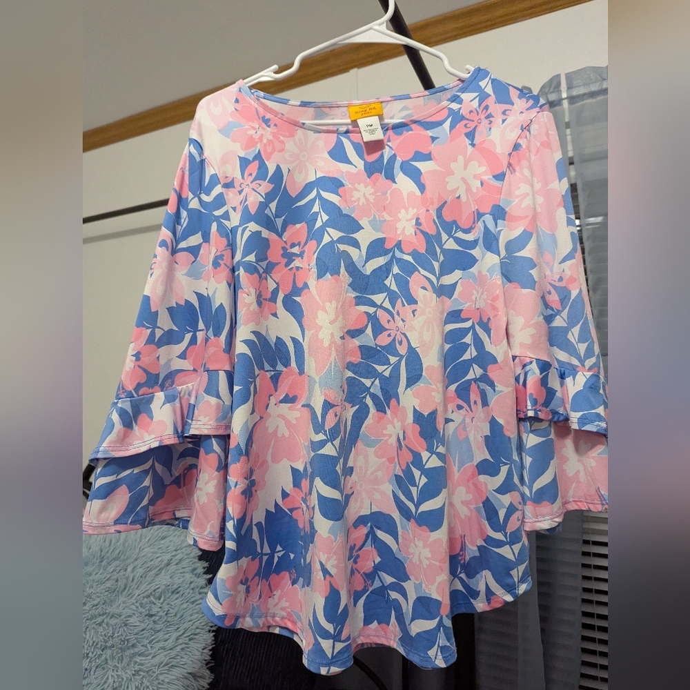 Ruby Rd. Pink and Blue Floral Blouse Stretch